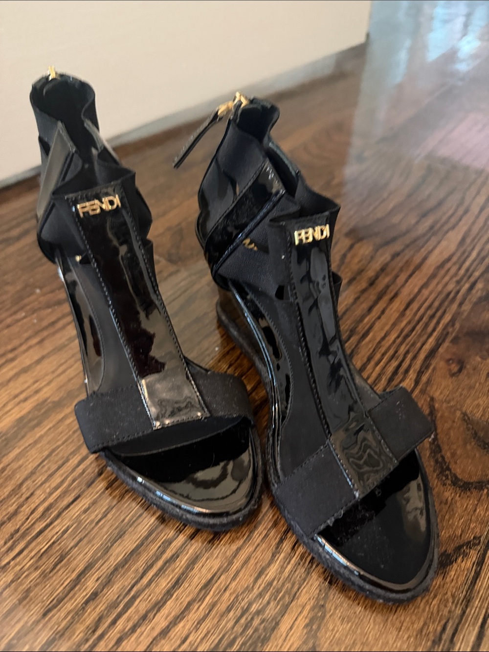 Fendi Black Patent & Suede T-Strap Wedge Sandals with Gold Logo Accents
